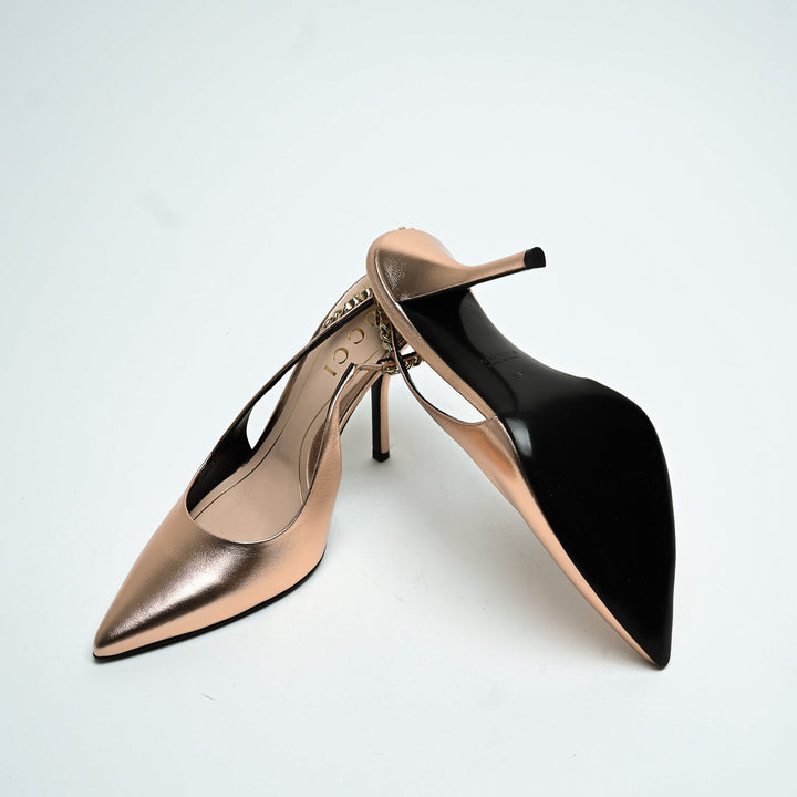 Gucci Rose Gold Metallic Calf Leather Signoria Slingback Heels Size 38.5