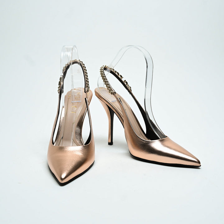 Gucci Rose Gold Metallic Calf Leather Signoria Slingback Heels Size 38.5