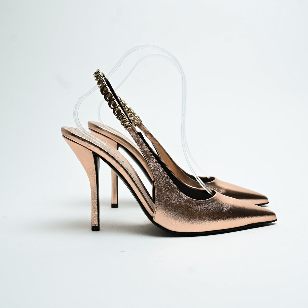 Gucci Rose Gold Metallic Calf Leather Signoria Slingback Heels Size 38.5