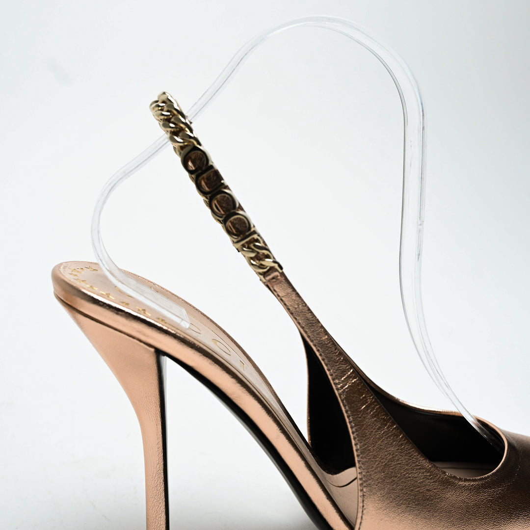 Gucci Rose Gold Metallic Calf Leather Signoria Slingback Heels Size 38.5