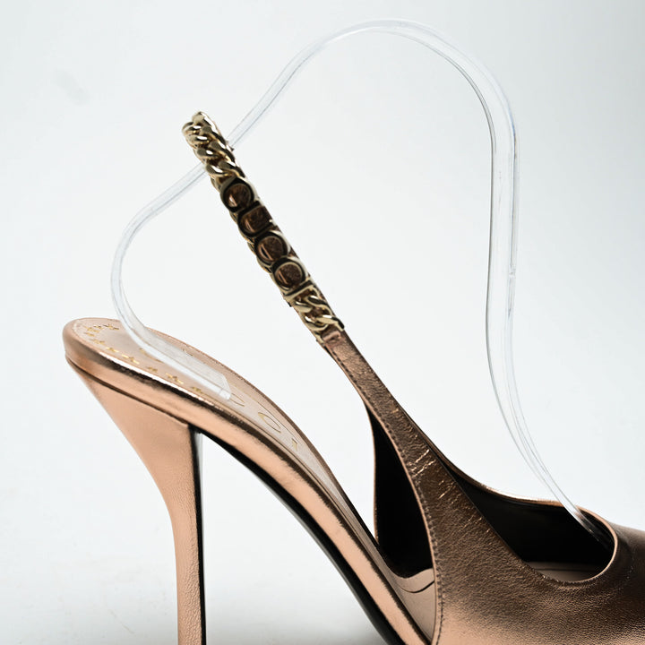 Gucci Rose Gold Metallic Calf Leather Signoria Slingback Heels Size 38.5