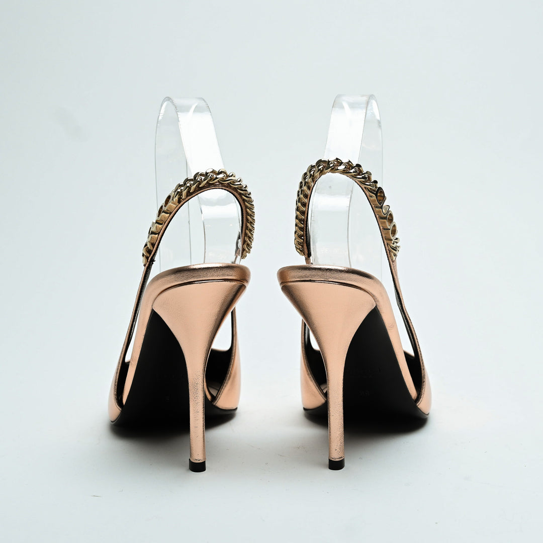 Gucci Rose Gold Metallic Calf Leather Signoria Slingback Heels Size 38.5