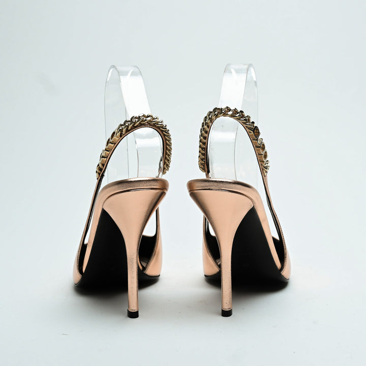 Gucci Rose Gold Metallic Calf Leather Signoria Slingback Heels Size 38.5