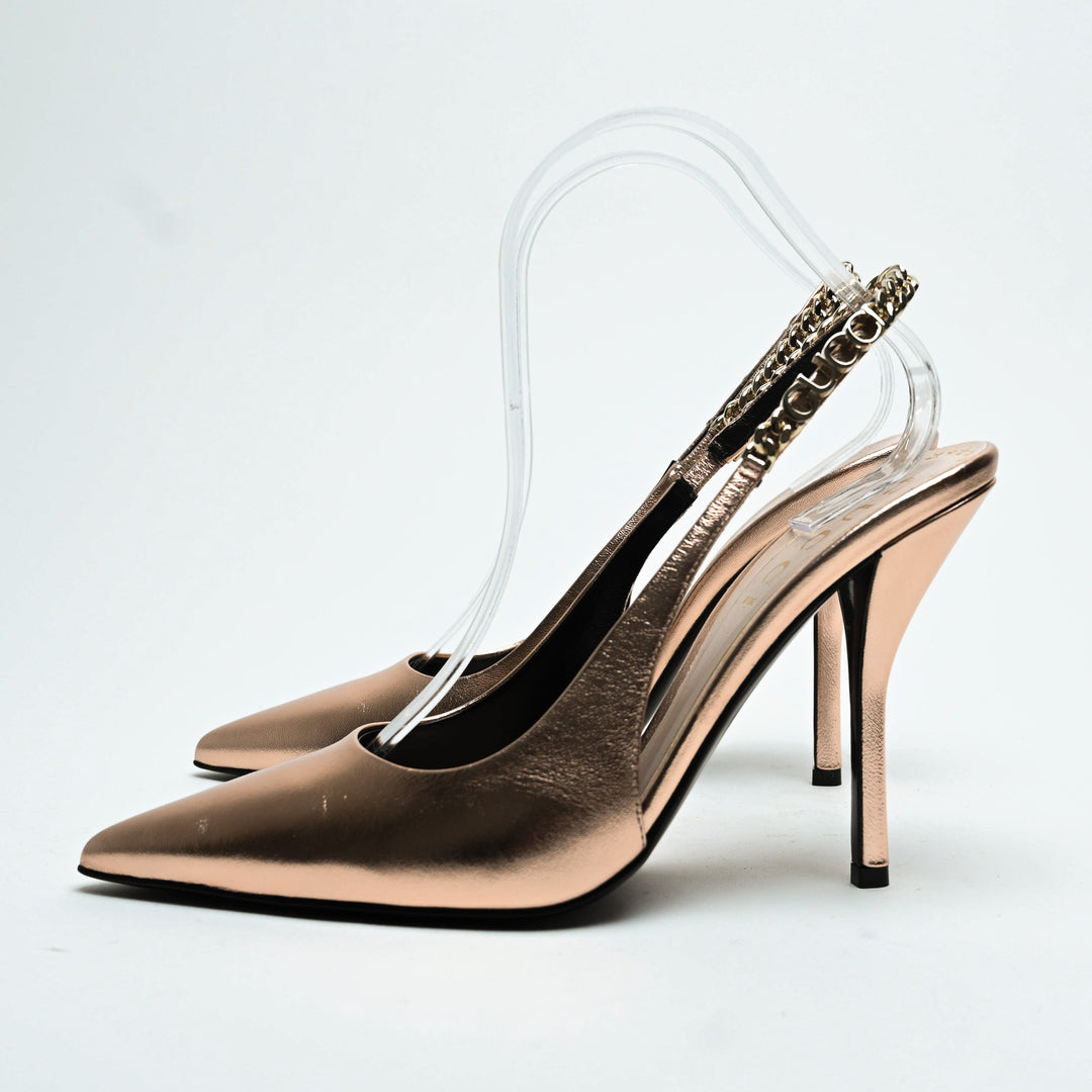 Gucci Rose Gold Metallic Calf Leather Signoria Slingback Heels Size 38.5