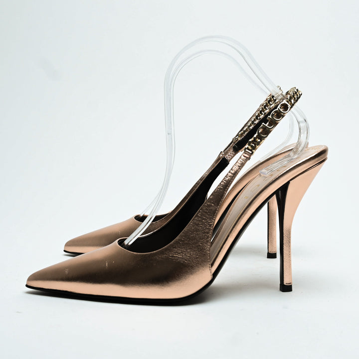 Gucci Rose Gold Metallic Calf Leather Signoria Slingback Heels Size 38.5