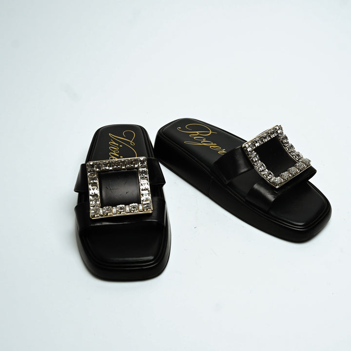 Roger Vivier Black Calfskin Leather Crystal Embellished Wedge Slides Size 36