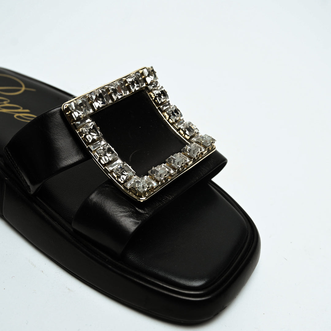 Roger Vivier Black Calfskin Leather Crystal Embellished Wedge Slides Size 36