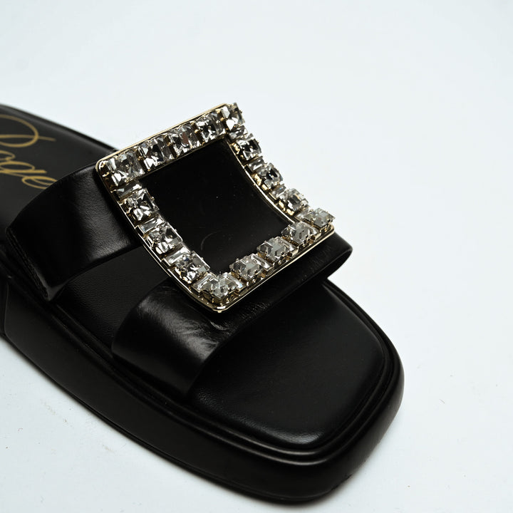 Roger Vivier Black Calfskin Leather Crystal Embellished Wedge Slides Size 36