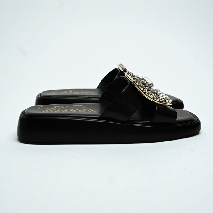 Roger Vivier Black Calfskin Leather Crystal Embellished Wedge Slides Size 36