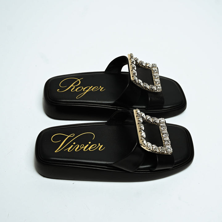 Roger Vivier Black Calfskin Leather Crystal Embellished Wedge Slides Size 36