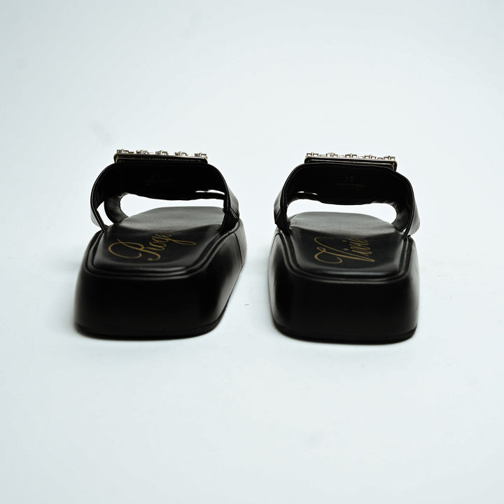 Roger Vivier Black Calfskin Leather Crystal Embellished Wedge Slides Size 36