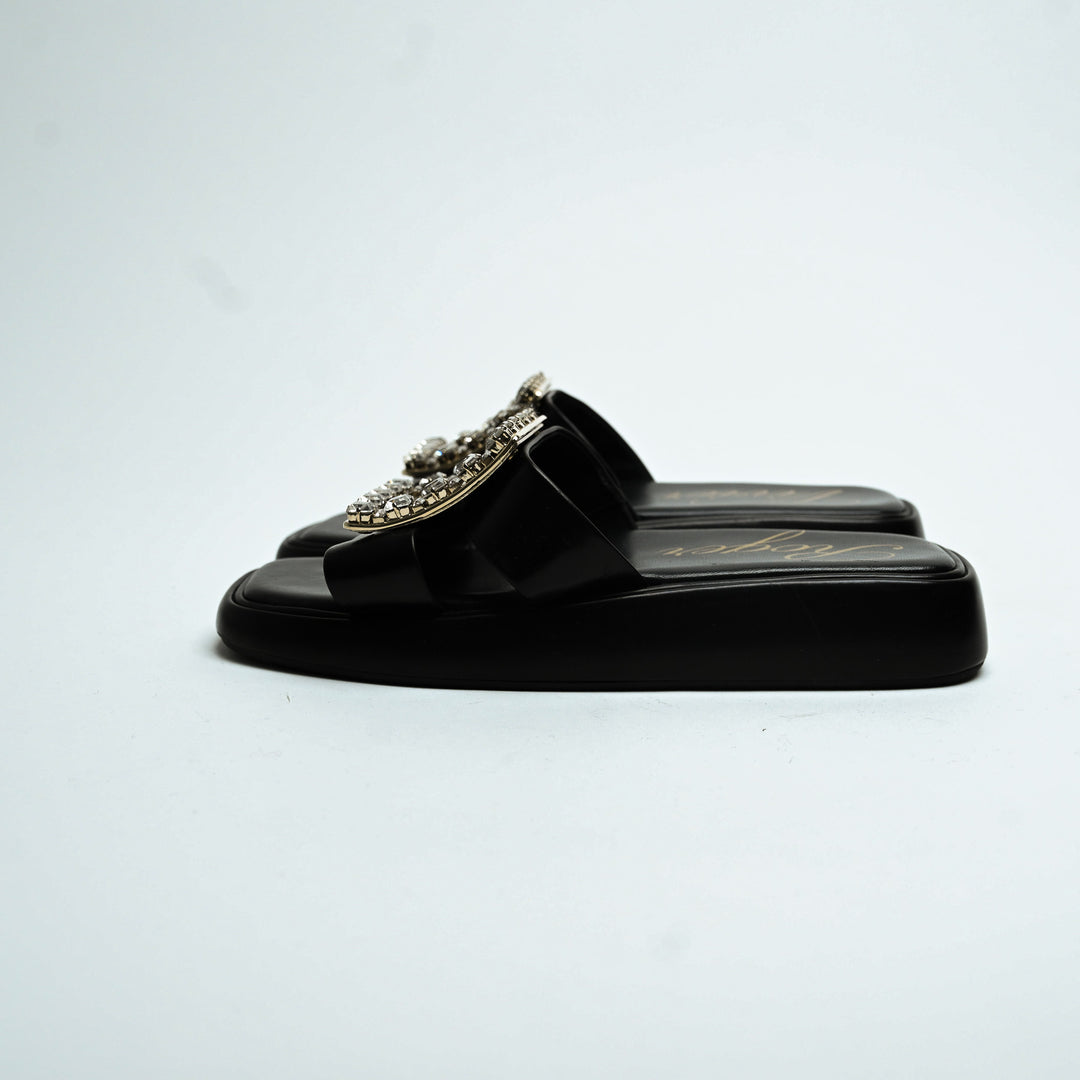 Roger Vivier Black Calfskin Leather Crystal Embellished Wedge Slides Size 36