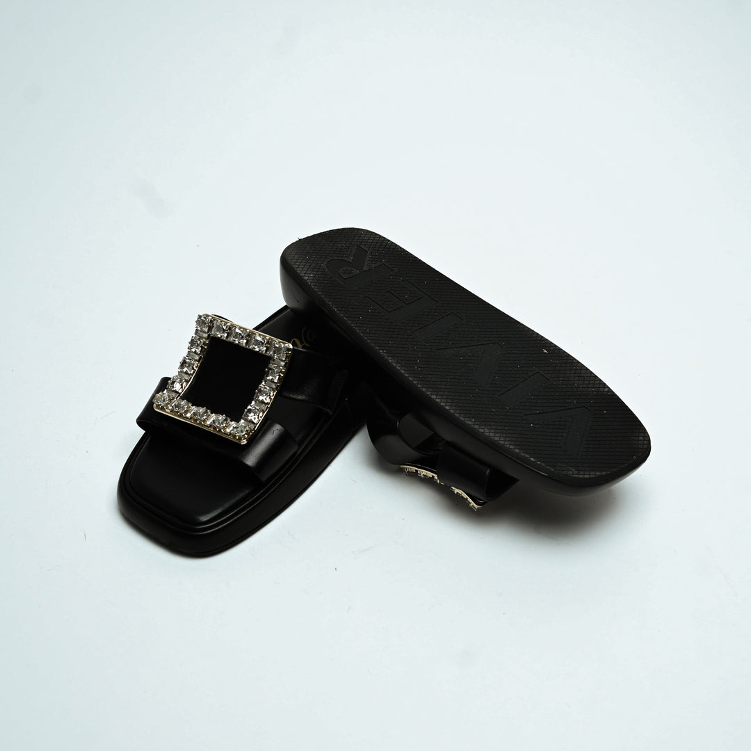Roger Vivier Black Calfskin Leather Crystal Embellished Wedge Slides Size 36