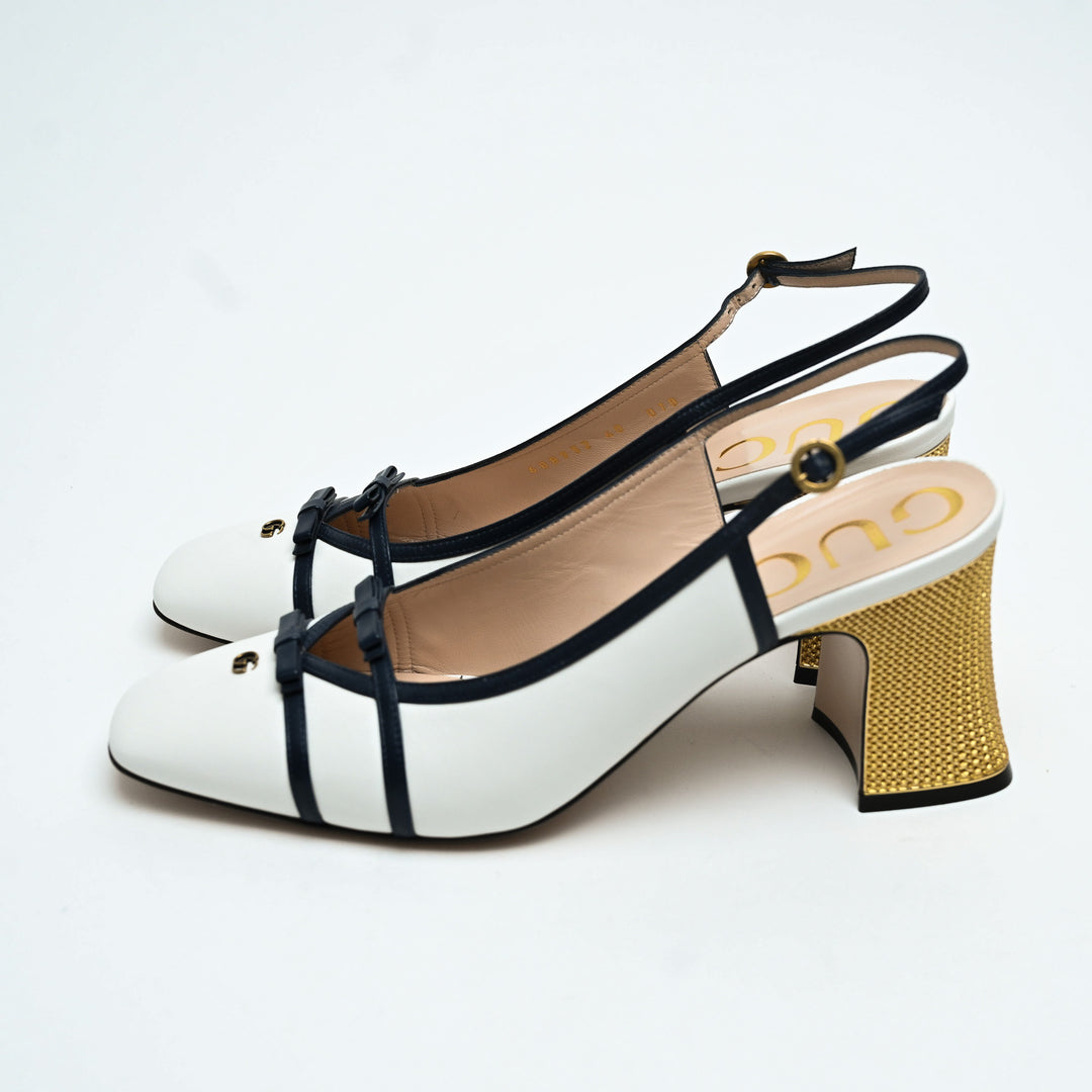 Gucci White Calf Leather GG Block Heel Slingback Pumps Size 40