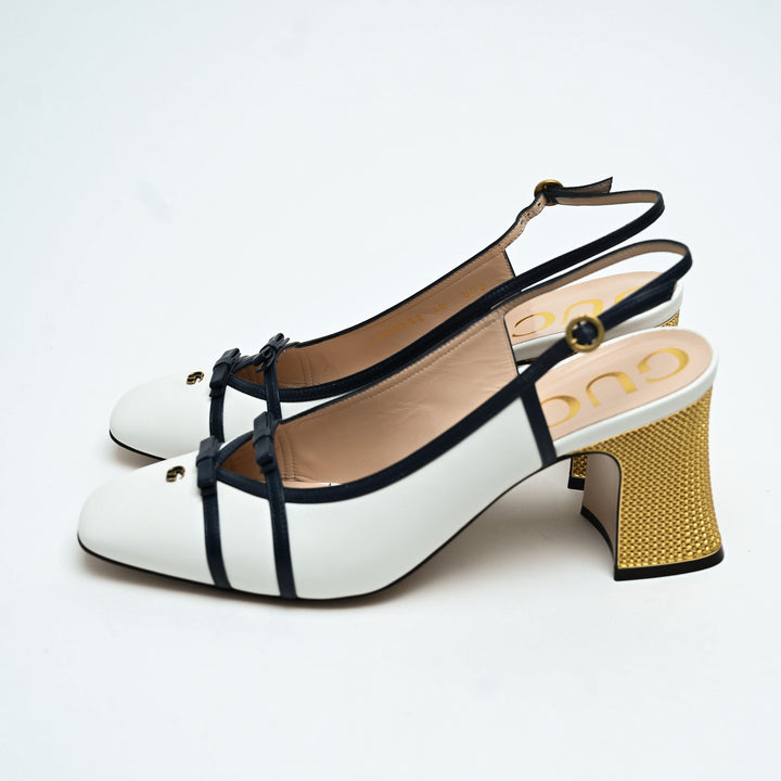Gucci White Calf Leather GG Block Heel Slingback Pumps Size 40