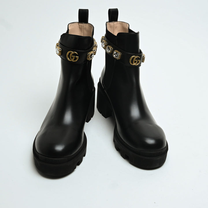 Gucci Black Calf Leather Block Heel Chelsea Boots with Crystal Strap Size 41.5