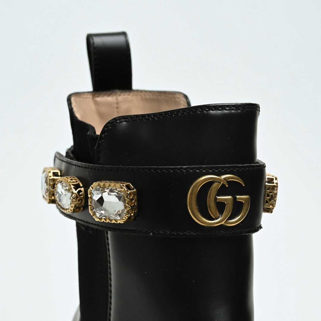 Gucci Black Calf Leather Block Heel Chelsea Boots with Crystal Strap Size 41.5