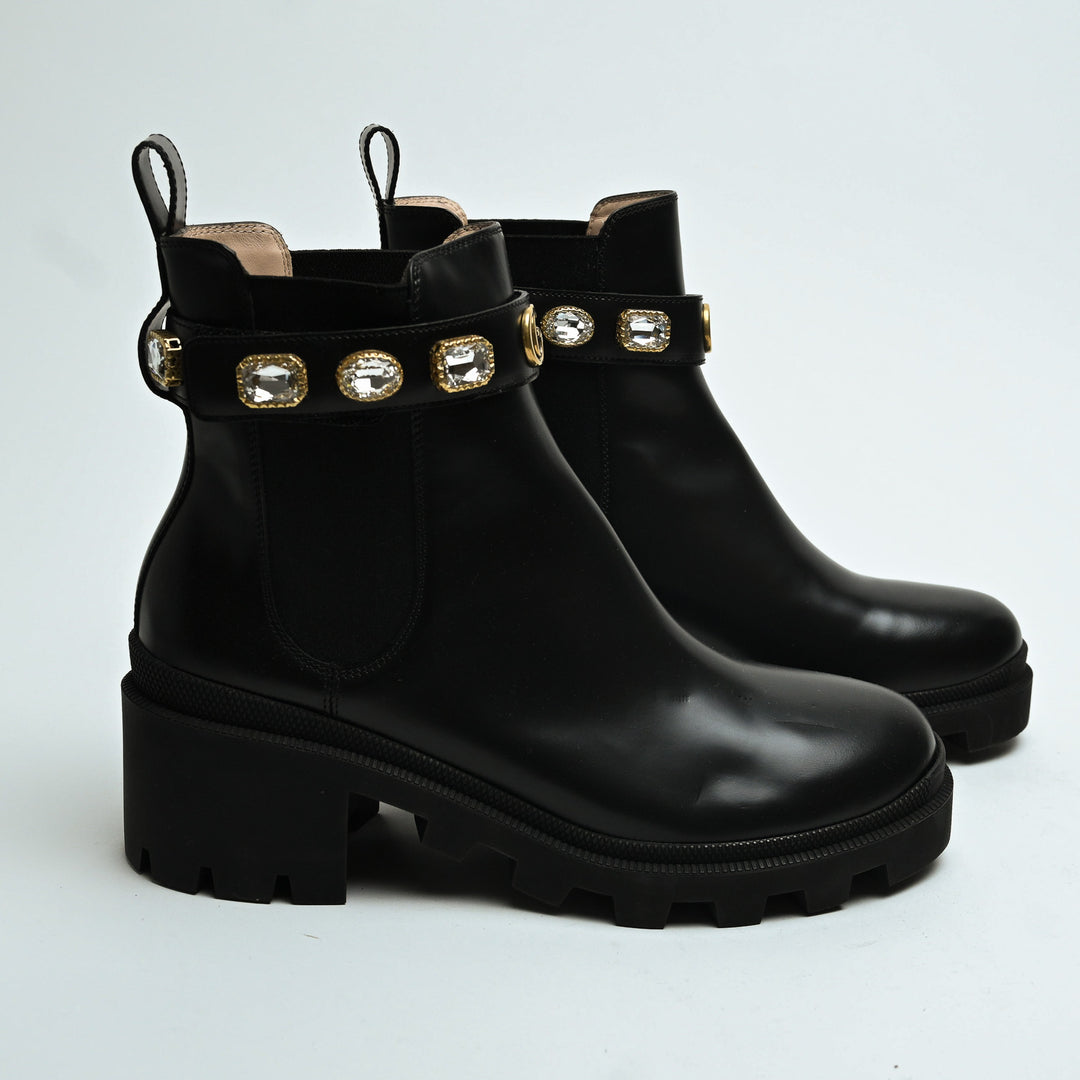 Gucci Black Calf Leather Block Heel Chelsea Boots with Crystal Strap Size 41.5