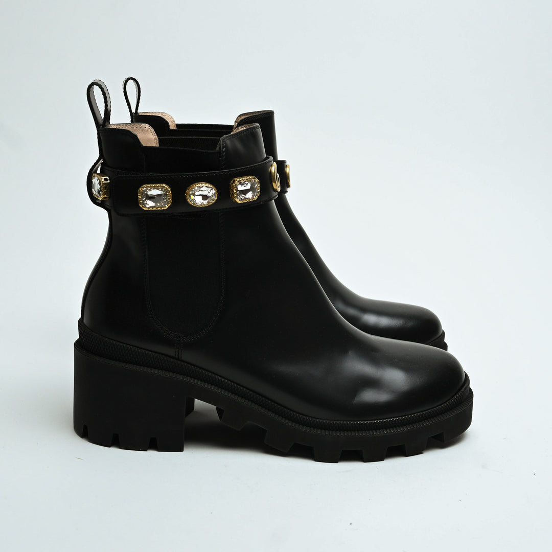 Gucci Black Calf Leather Block Heel Chelsea Boots with Crystal Strap Size 41.5