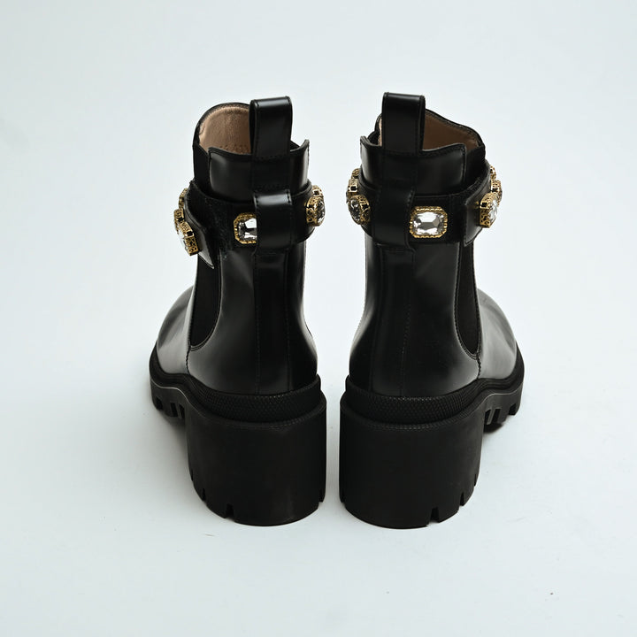 Gucci Black Calf Leather Block Heel Chelsea Boots with Crystal Strap Size 41.5