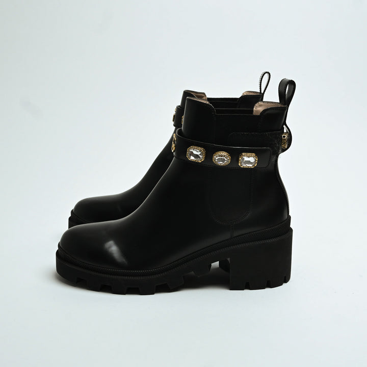 Gucci Black Calf Leather Block Heel Chelsea Boots with Crystal Strap Size 41.5