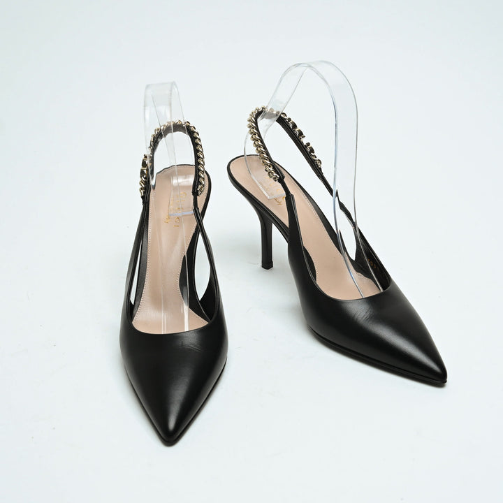 Gucci Black Calf Leather Signoria Slingback Heels Size 37.5