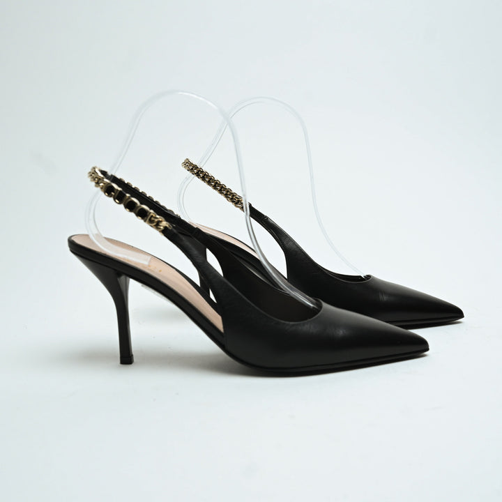 Gucci Black Calf Leather Signoria Slingback Heels Size 37.5