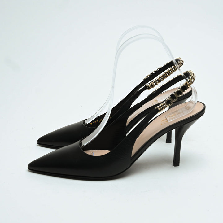 Gucci Black Calf Leather Signoria Slingback Heels Size 37.5