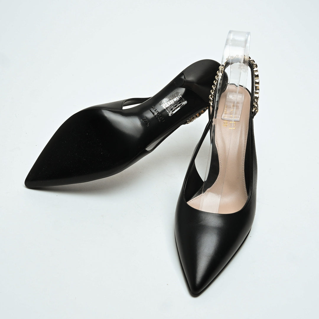 Gucci Black Calf Leather Signoria Slingback Heels Size 37.5