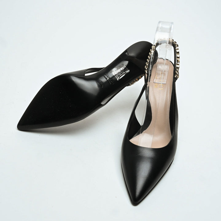 Gucci Black Calf Leather Signoria Slingback Heels Size 37.5
