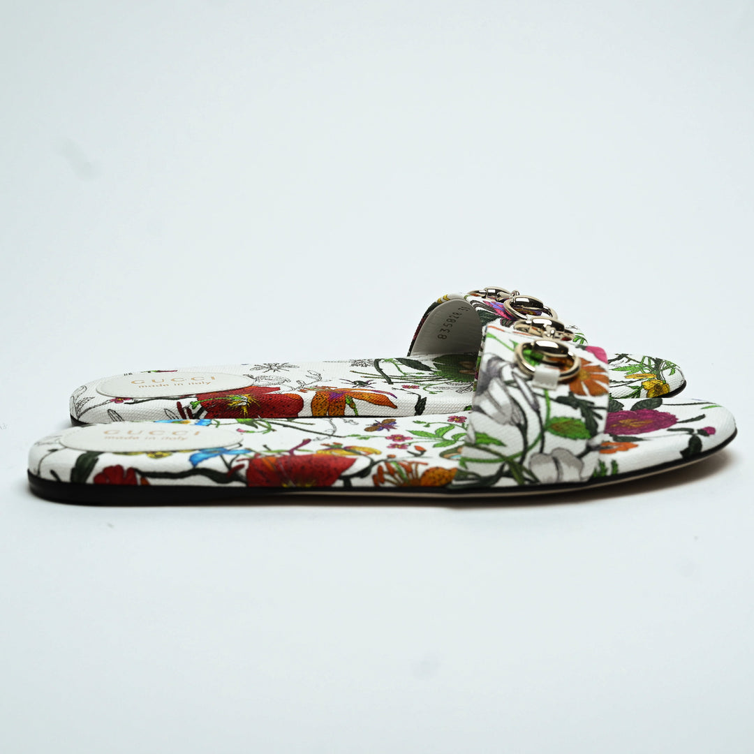 Gucci White Canvas Multicoloured Flora Print Horsebit Flat Sandals Size 39