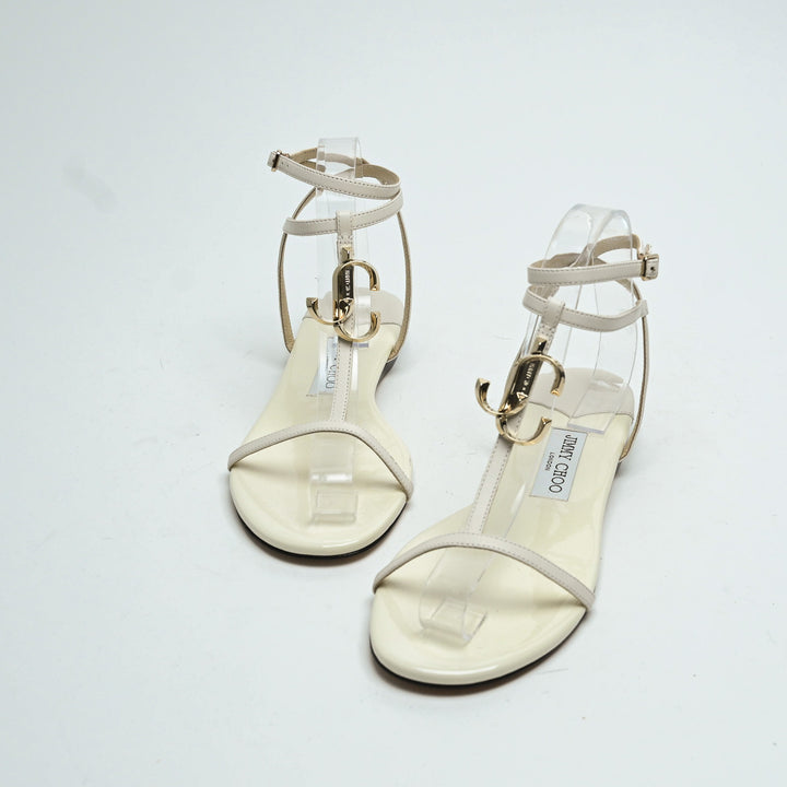 Jimmy Choo White Lambskin & Patent Leather Alodie Flat Sandals Size 38