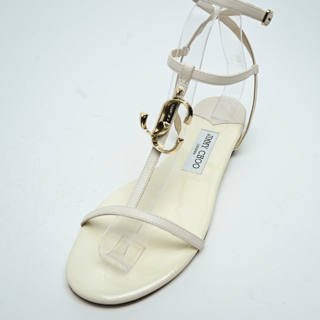 Jimmy Choo White Lambskin & Patent Leather Alodie Flat Sandals Size 38