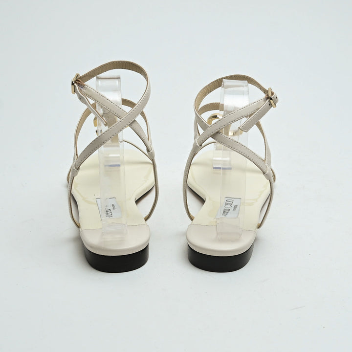 Jimmy Choo White Lambskin & Patent Leather Alodie Flat Sandals Size 38