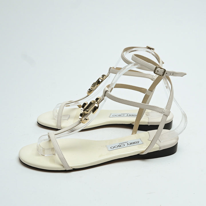Jimmy Choo White Lambskin & Patent Leather Alodie Flat Sandals Size 38