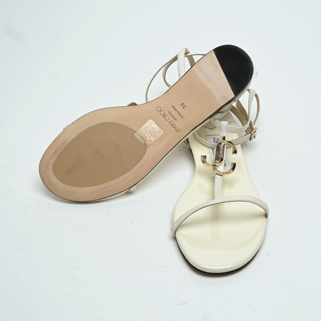 Jimmy Choo White Lambskin & Patent Leather Alodie Flat Sandals Size 38