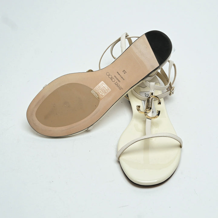 Jimmy Choo White Lambskin & Patent Leather Alodie Flat Sandals Size 38