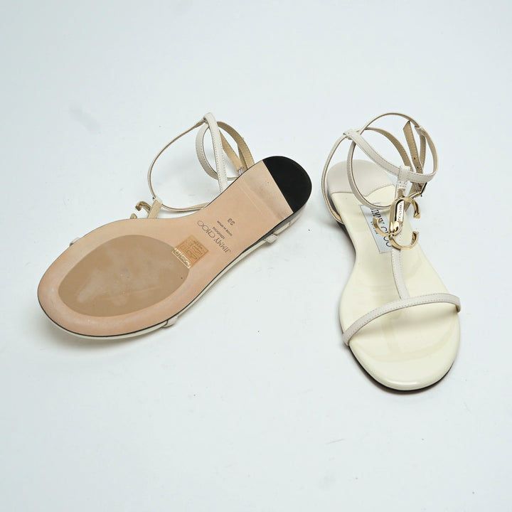 Jimmy Choo White Lambskin & Patent Leather Alodie Flat Sandals Size 38