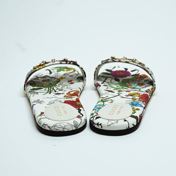 Gucci White Canvas Multicoloured Flora Print Horsebit Flat Sandals Size 39