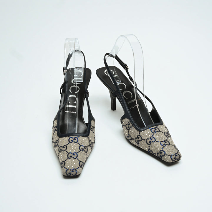 Gucci Beige & Navy GG Supreme Canvas Slingbacks with Crystals Size 40
