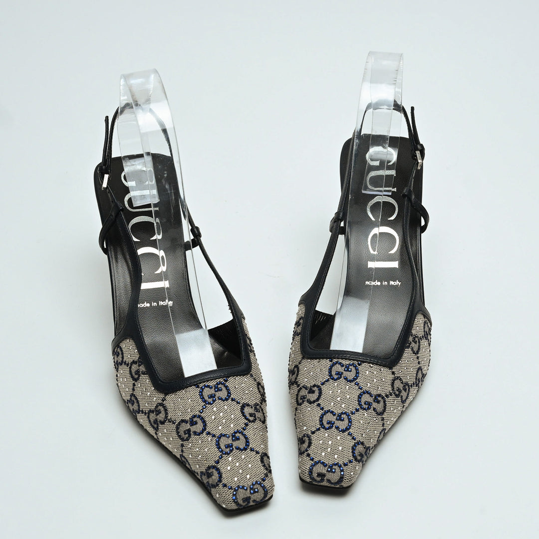 Gucci Beige & Navy GG Supreme Canvas Slingbacks with Crystals Size 40