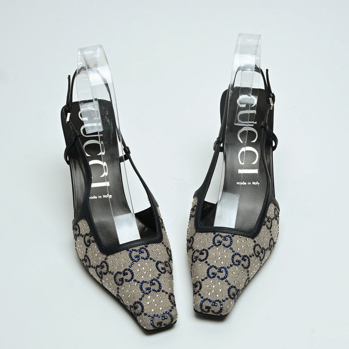 Gucci Beige & Navy GG Supreme Canvas Slingbacks with Crystals Size 40