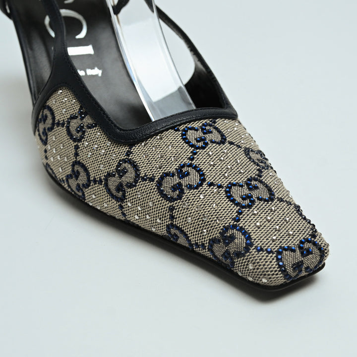 Gucci Beige & Navy GG Supreme Canvas Slingbacks with Crystals Size 40