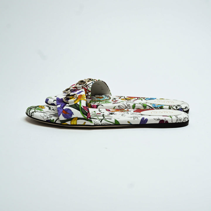 Gucci White Canvas Multicoloured Flora Print Horsebit Flat Sandals Size 39