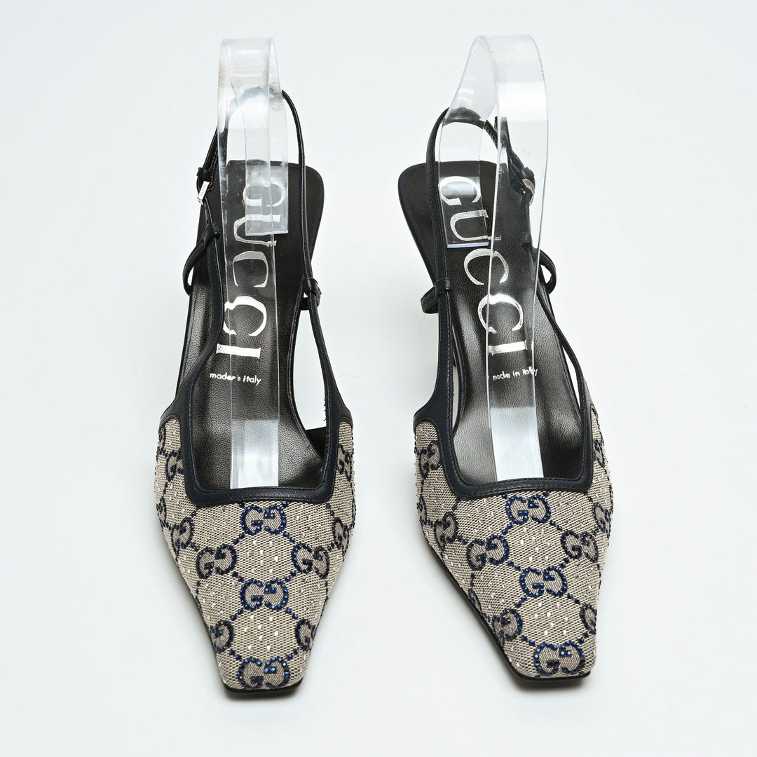 Gucci Beige & Navy GG Supreme Canvas Slingbacks with Crystals Size 40