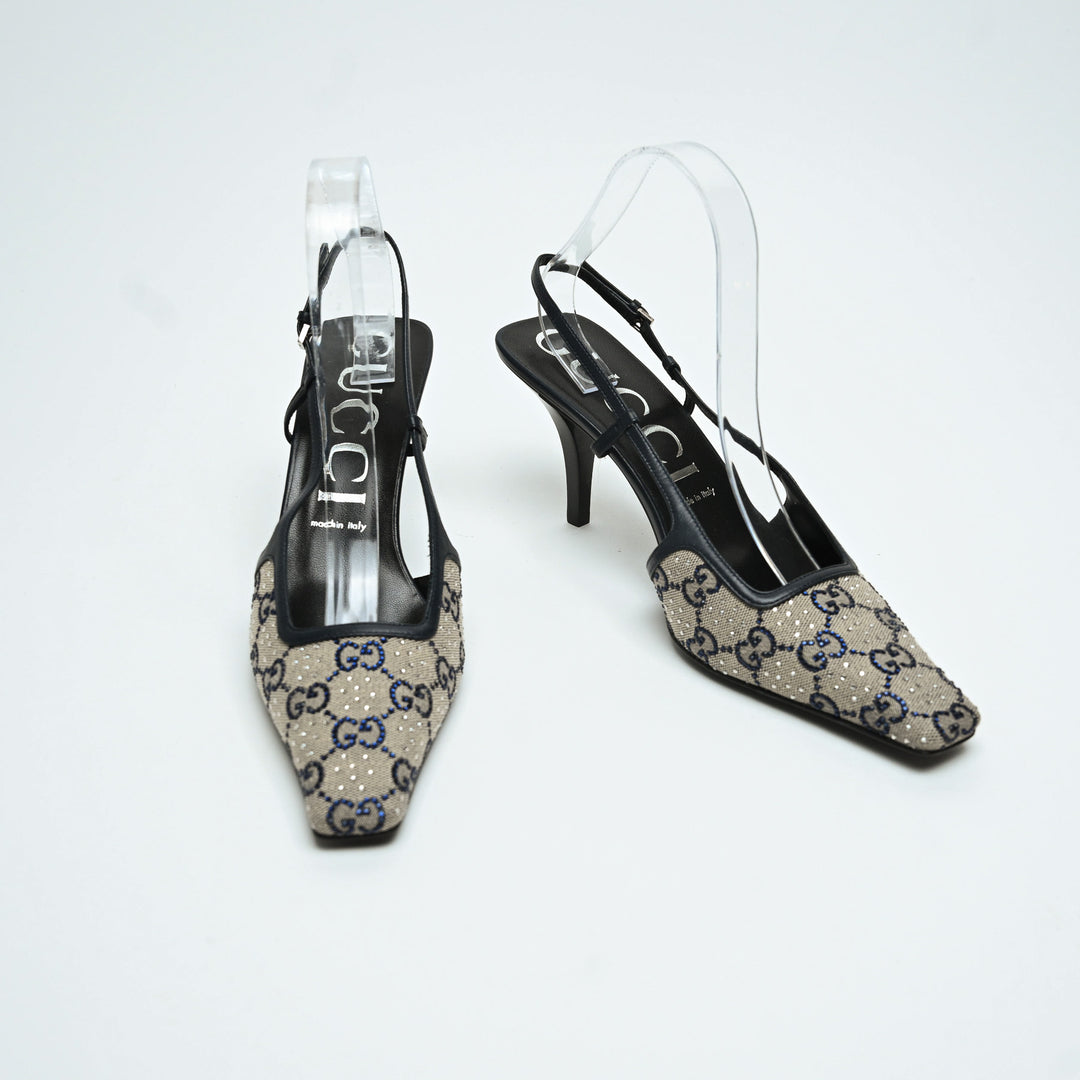 Gucci Beige & Navy GG Supreme Canvas Slingbacks with Crystals Size 40