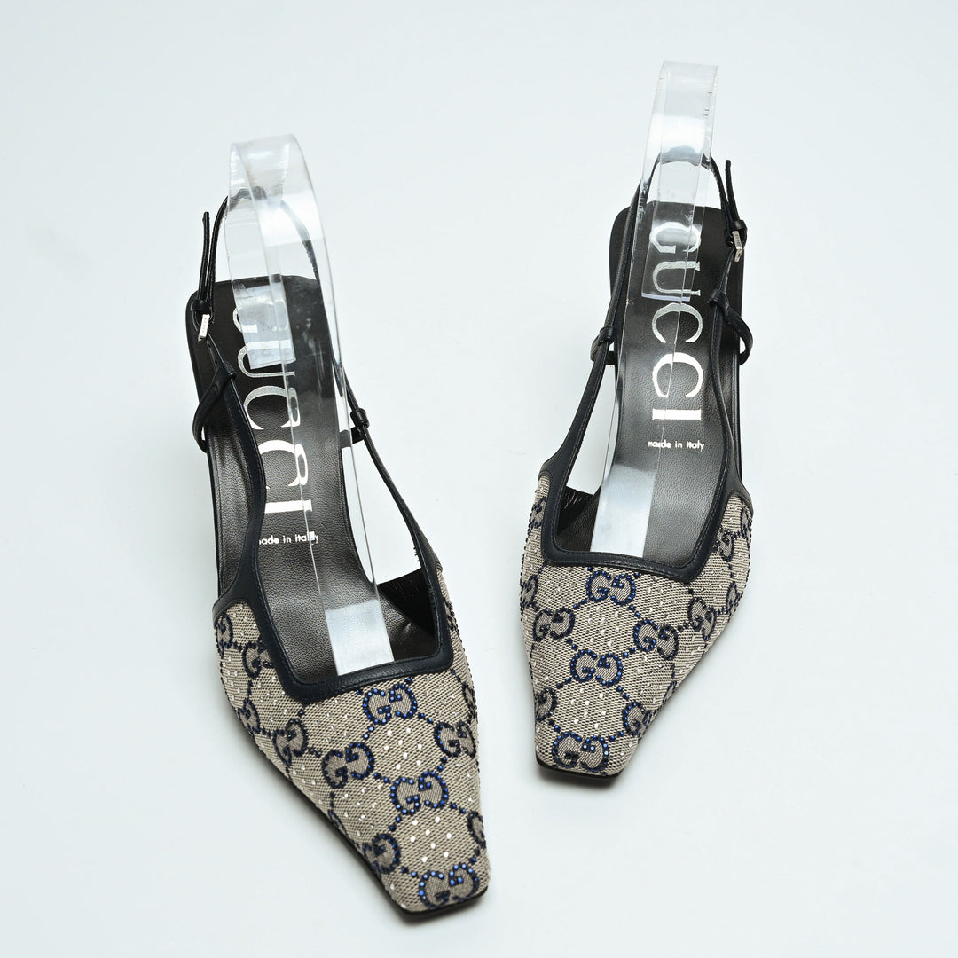 Gucci Beige & Navy GG Supreme Canvas Slingbacks with Crystals Size 40
