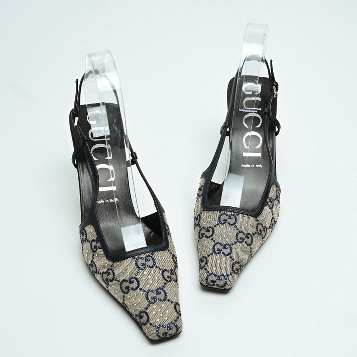Gucci Beige & Navy GG Supreme Canvas Slingbacks with Crystals Size 40