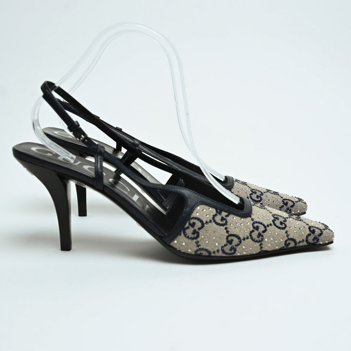 Gucci Beige & Navy GG Supreme Canvas Slingbacks with Crystals Size 40