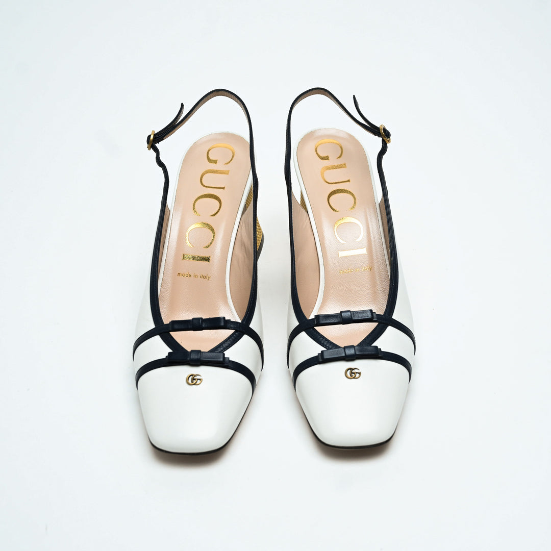 Gucci White Calf Leather GG Block Heel Slingback Pumps Size 40